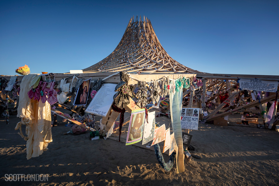 The Galaxia Temple became a shrine, covered with memorabilia and tributes to departed loved ones before going up in flames on the penultimate night of Burning Man 2018. (Photo by Scott London)