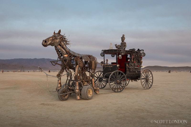 A metal horse and buggy art car at Burning Man 2013 (Photo by Scott London)
