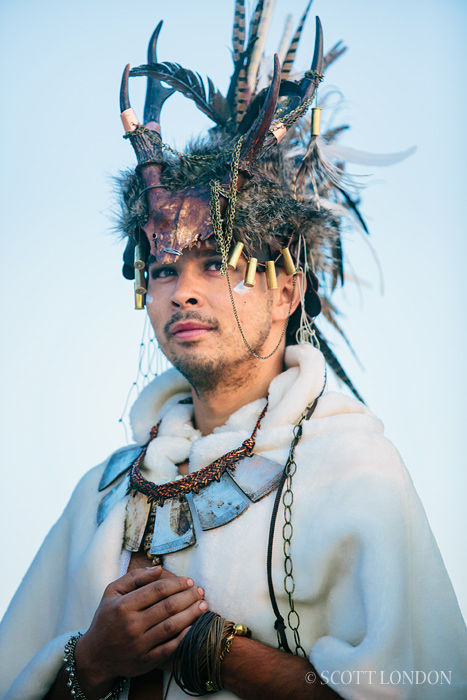 Skye, a Burner from Canada, wearing leather and feathers at Burning Man 2013 (Photo by Scott London)