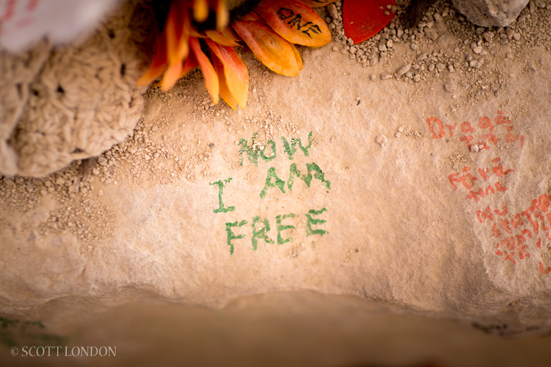 Message scribbled in stone at the Temple of Whollyness at Burning Man 2013 (Photo by Scott London)