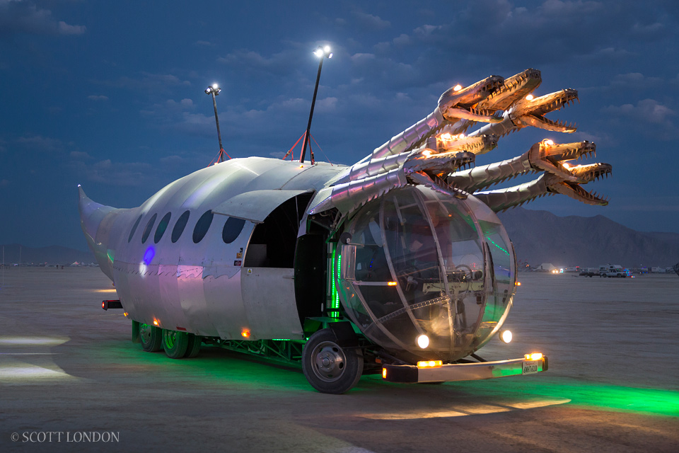 One of the scarier mutant vehicles on the playa, Dragons of Eden was inspired by the mythological Greek monster Hydra. It was created by Santa Cruz-based mechanical engineer and fire artist Lucy Hosking. (Photo by Scott London)