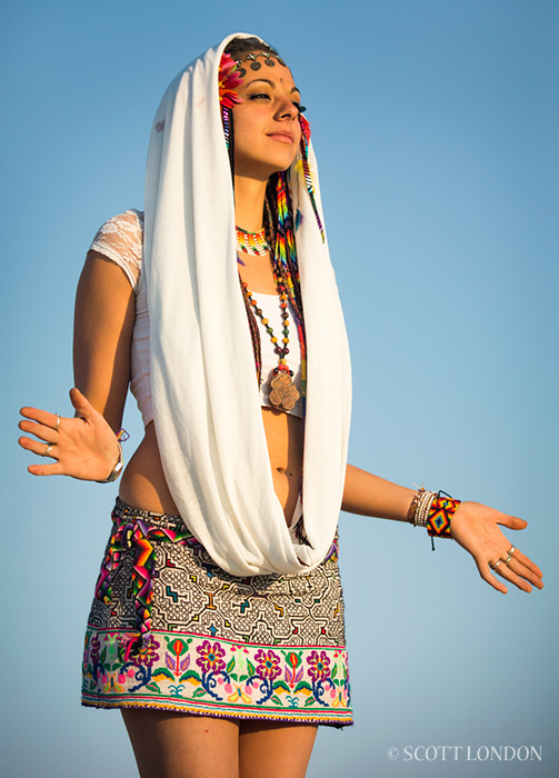 Ixchel greets the sunrise at Burning Man 2014. (Photo by Scott London)