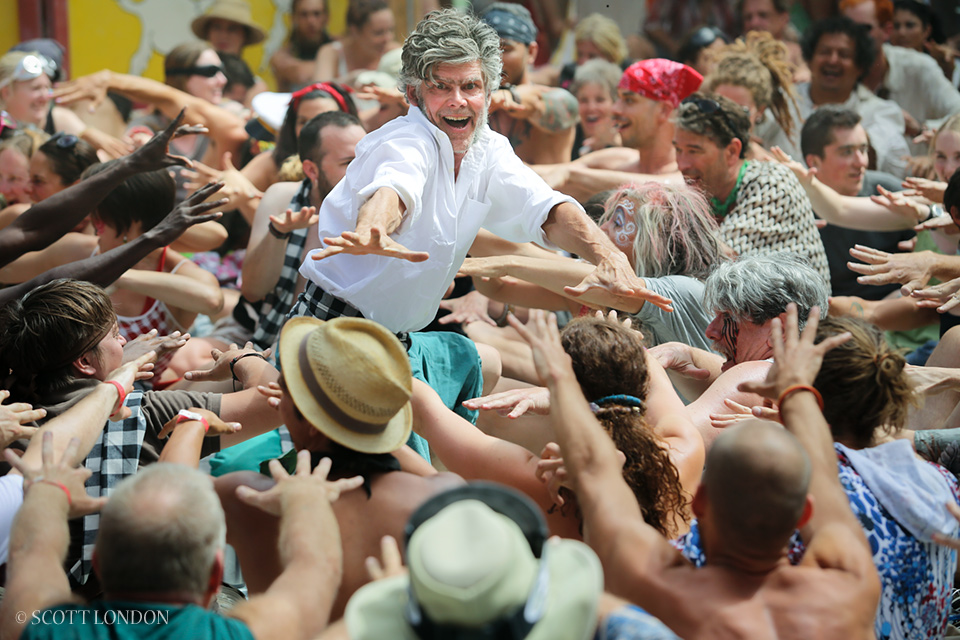 In what’s become a longstanding tradition at Burning Man, Grady and other members of the Gamelan X camp lead an interactive monkey chant at Center Camp. (Photo by Scott London)