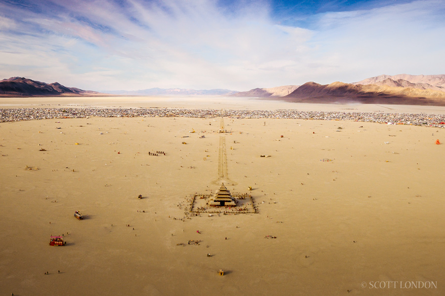 An aerial perspective of Burning Man 2016, with the Temple Project by David Best and crew in the foreground. (Photo by Scott London)
