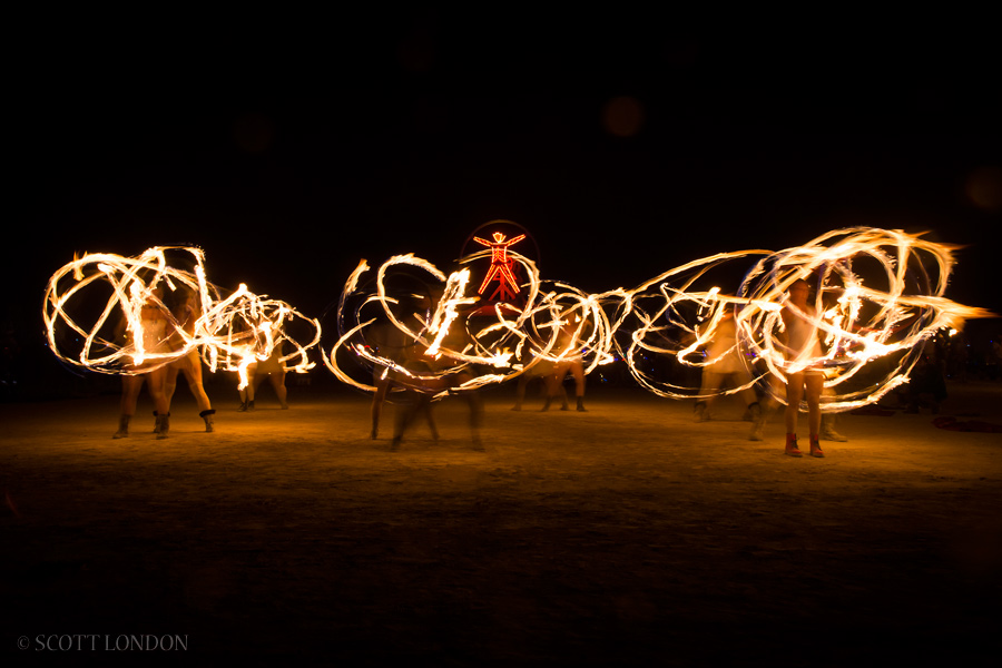 The Hellfire Society, a troupe of fire-performers based in Los Angeles, put on a show at Burning Man 2016. (Photo by Scott London)