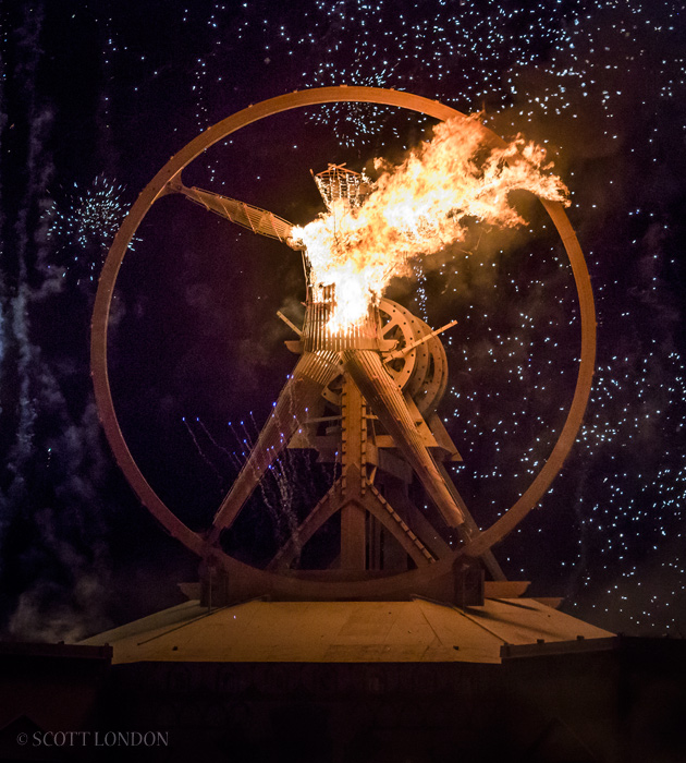 The Man burns before a crowd of tens of thousands on the penultimate night of Burning Man 2016. (Photo by Scott London)