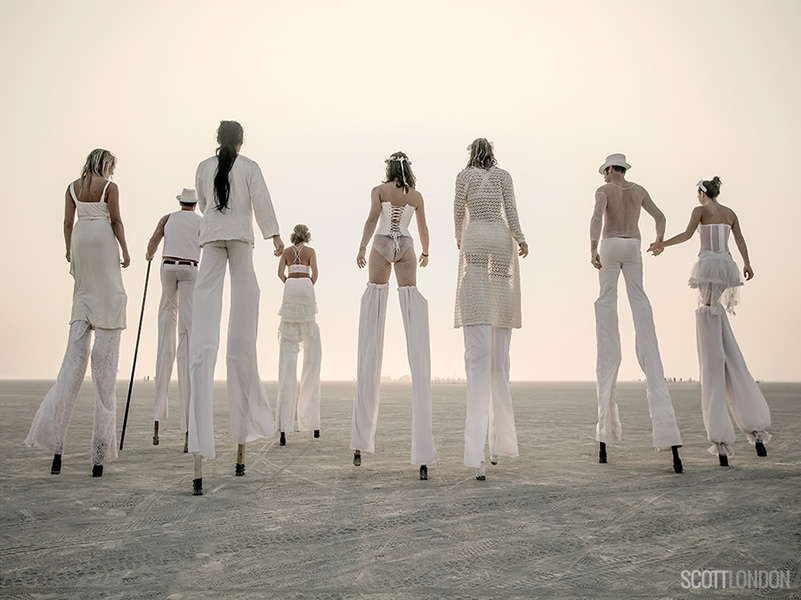 The Big Shadow Project, a troupe of stiltwalkers from Vancouver, at Burning Man 2017. (Photo by Scott London)