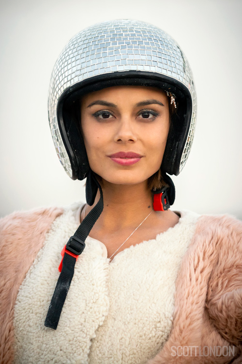 Nathalie Kelley wearing a mirrorball helmet at Burning Man 2018. (Photo by Scott London)