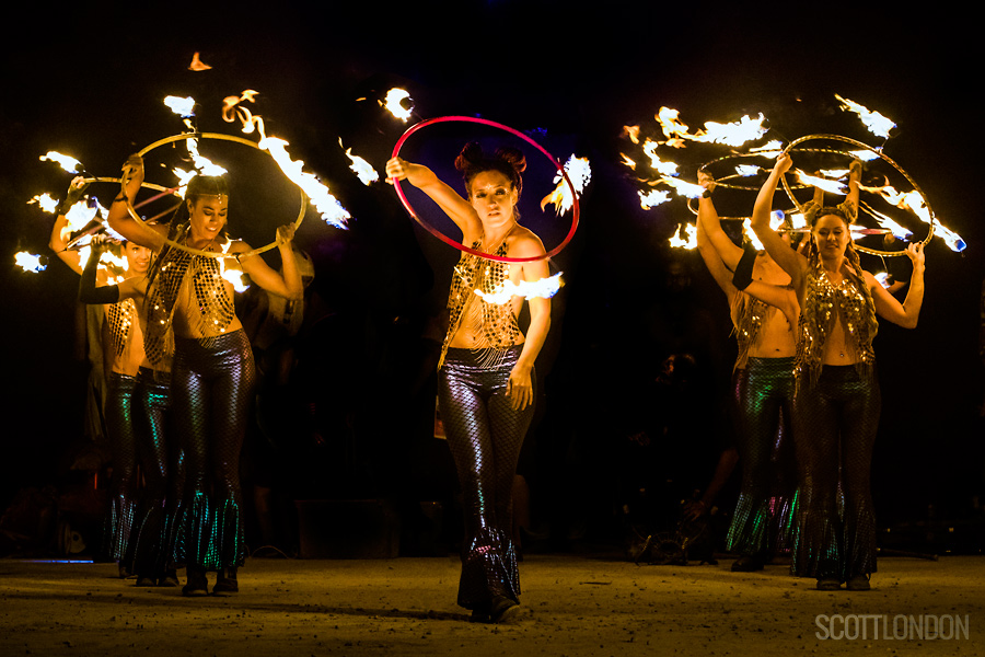 Fire-dancers from the Hellfire Society put on a show before the Man goes up in flames at Burning Man 2018. (Photo by Scott London)